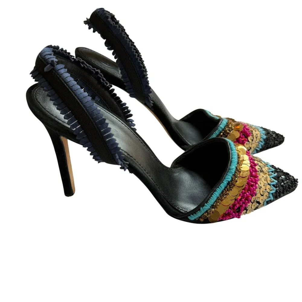 Tory Burch Beaded Sequin Slingback Pumps Black Multi Color Pointed Toe Heels 9M